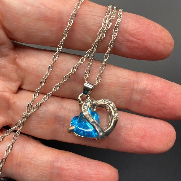 Blue & CZ Double Hearts Necklace on Chain - Picture 5 of 7